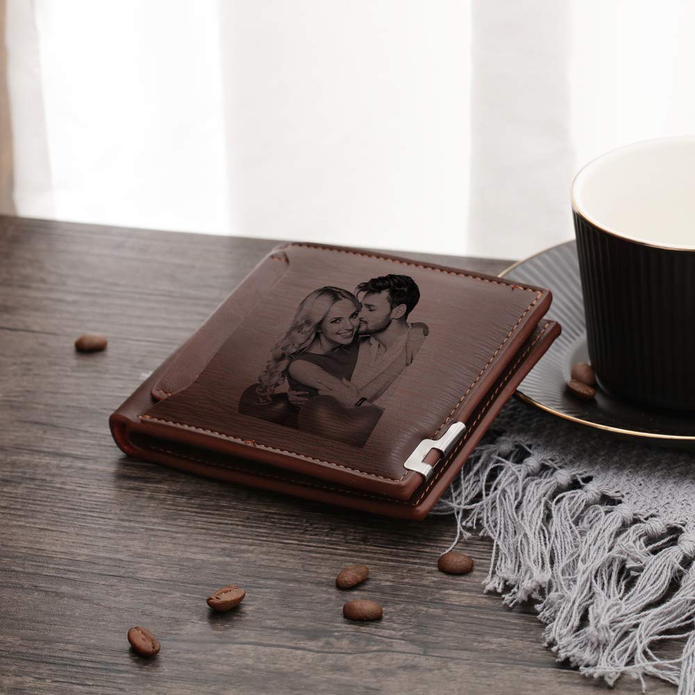 - Kaululu Customised Wallet For Men | Photo Text Engraved Light Brown Leather -