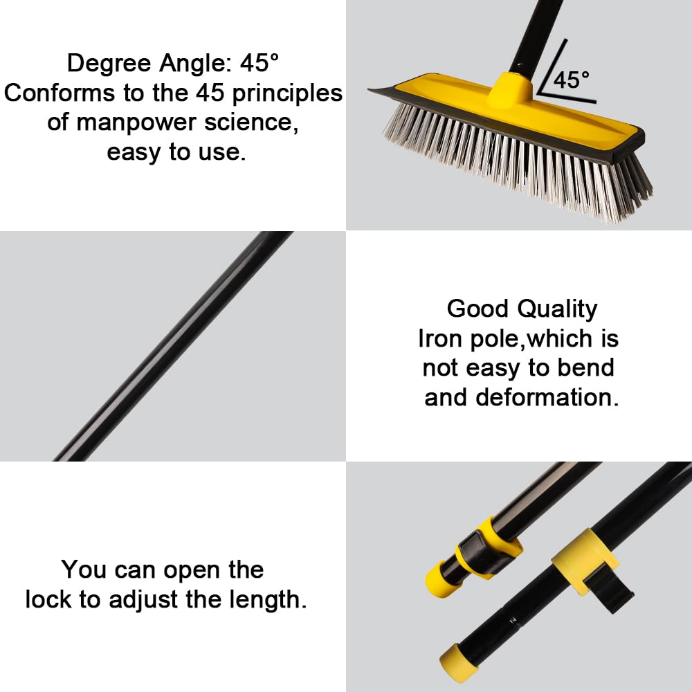 - Floor Cleaning Brush with squeegee | 60” Long Handle Push Broom | Stiff Bristles Deck Broom -