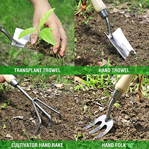 - WORKPRO 8 Piece Garden Tools Set, Stainless Steel Hand Tools with Wooden Handle, Including Gloves, Trowel, Weeder, Hand fork, Hand Rake, Transplanter, Pruner and Garden Tote