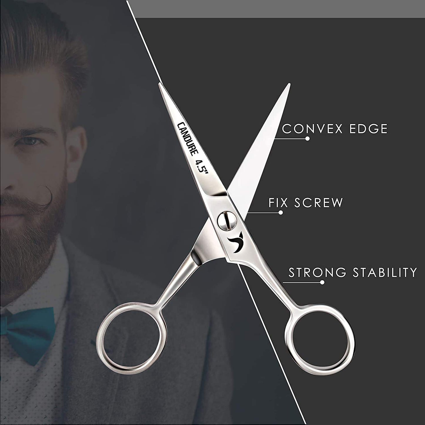 Candure Beard Scissors Professional Moustache Scissors Ear and Nose Hair Trimming Scissors Stainless Steel, Safety Use for Eyebrows, Eyelashes, and Ear Hair