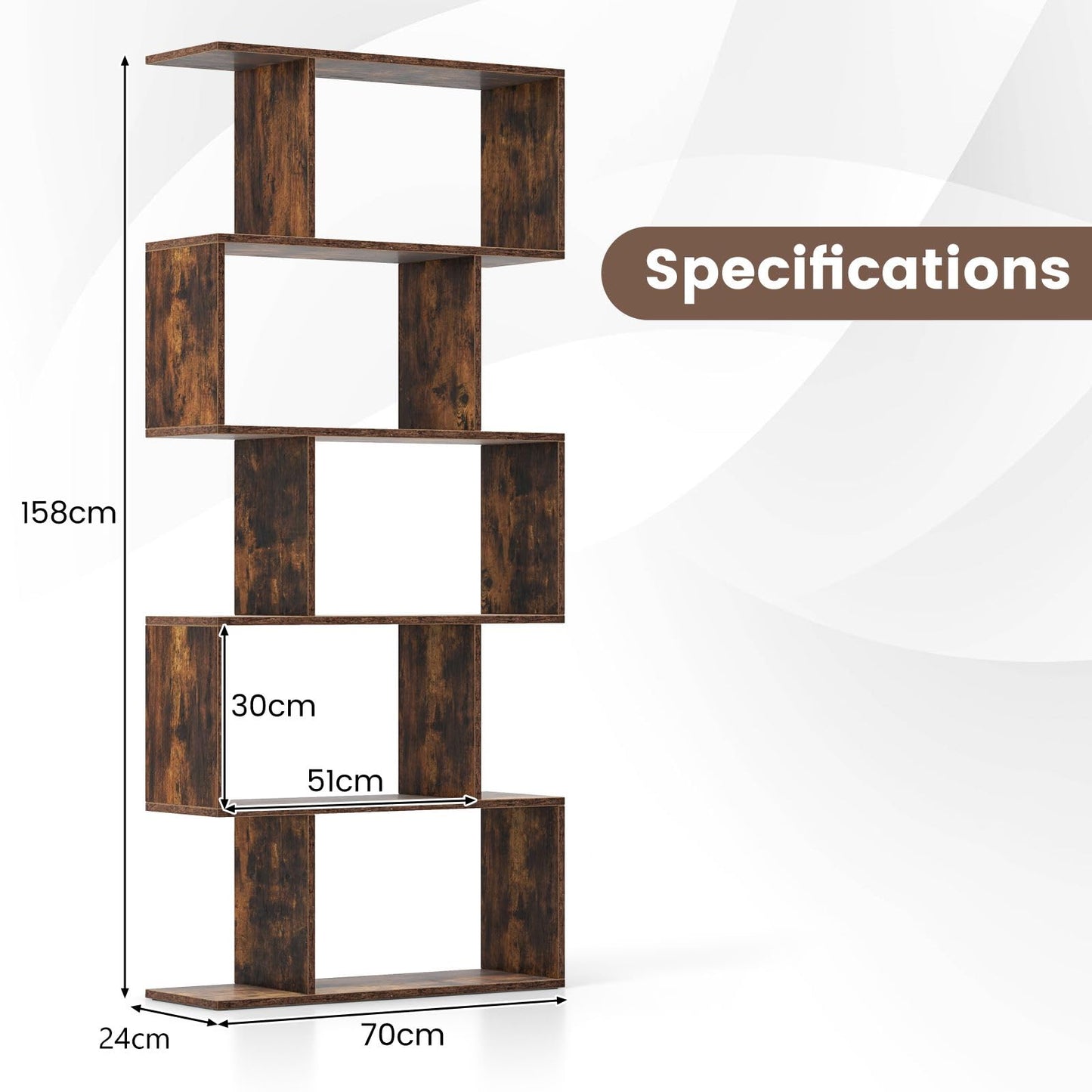 CASART 5/6 Tier Wooden Bookcase, Free Standing Shelving Stand Rack, S-Shaped Bookshelf Storage Display Unit