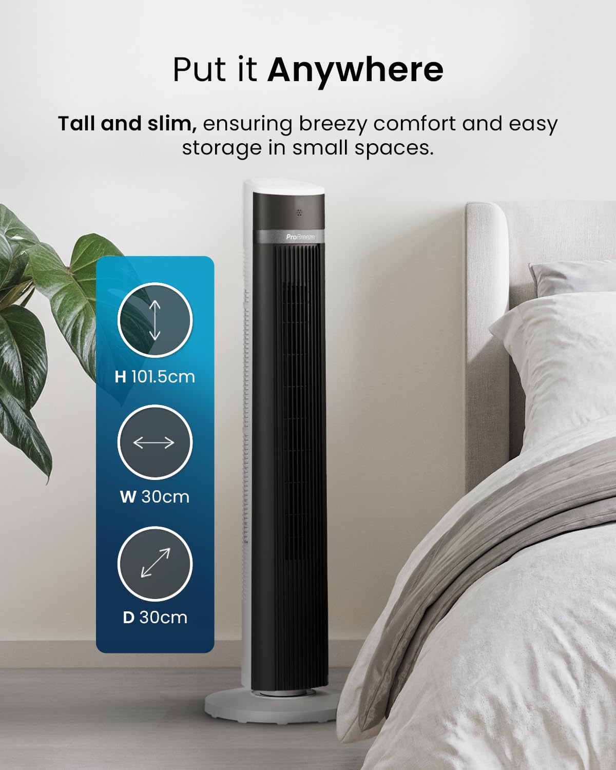 - Pro Breeze Silent Bladeless Tower Fan with Remote Control | 90° Oscillation | 15H Timer -