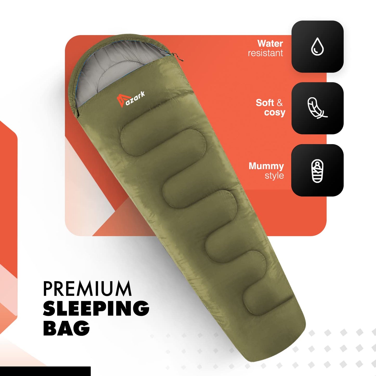 azark Premium Single Sleeping Bag, 350GSM, Lightweight and Waterproof, 4 Seasons of Camping, Hiking and Outdoors, Sleeping bag for Adults & Kids (Green)