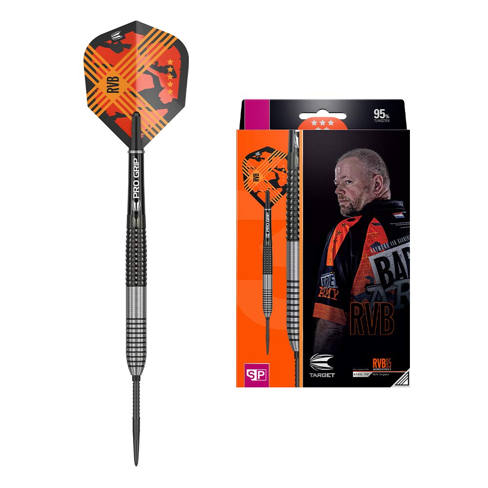 - Target Darts | Raymond van Barneveld RVB 95 Gen 3 | 23G | 95% Tungsten Swiss Point Steel Tip Darts Set | Silver, Black and Orange -