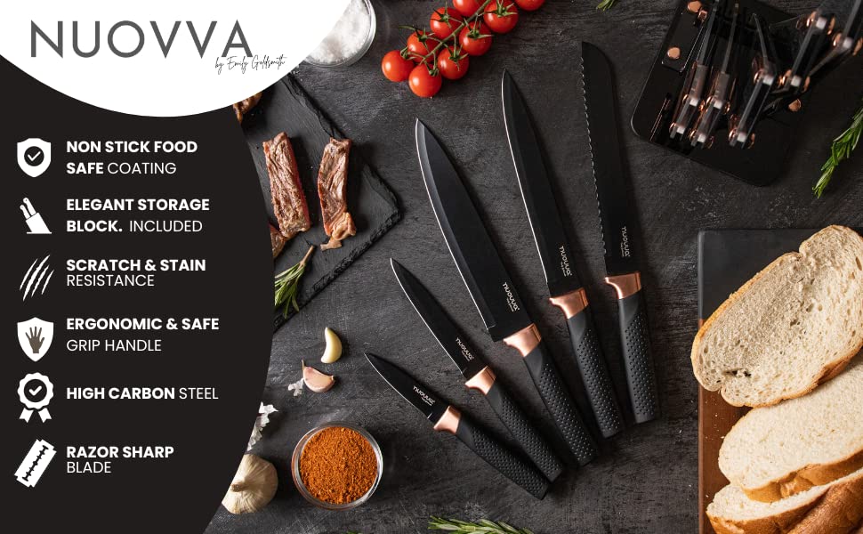 - Kitchen Knife Block Set Copper 5 Piece Set with Knives Clear Acrylic Block Stainless Steel Blades - by Nuovva