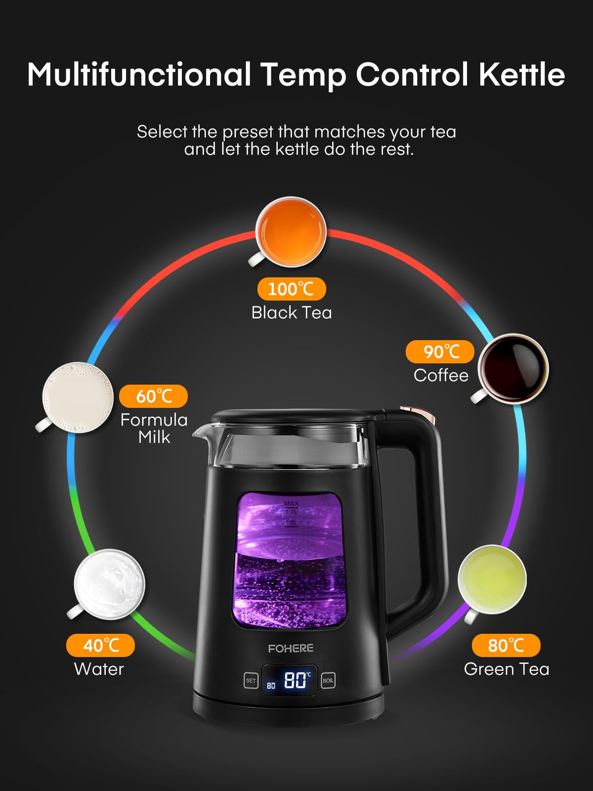 - Electric Kettle | 1.7L Glass Tea Kettle | 5 Temperature Control | 1500W Fast Boil | Auto Shut-Off & Boil-Dry Protection -