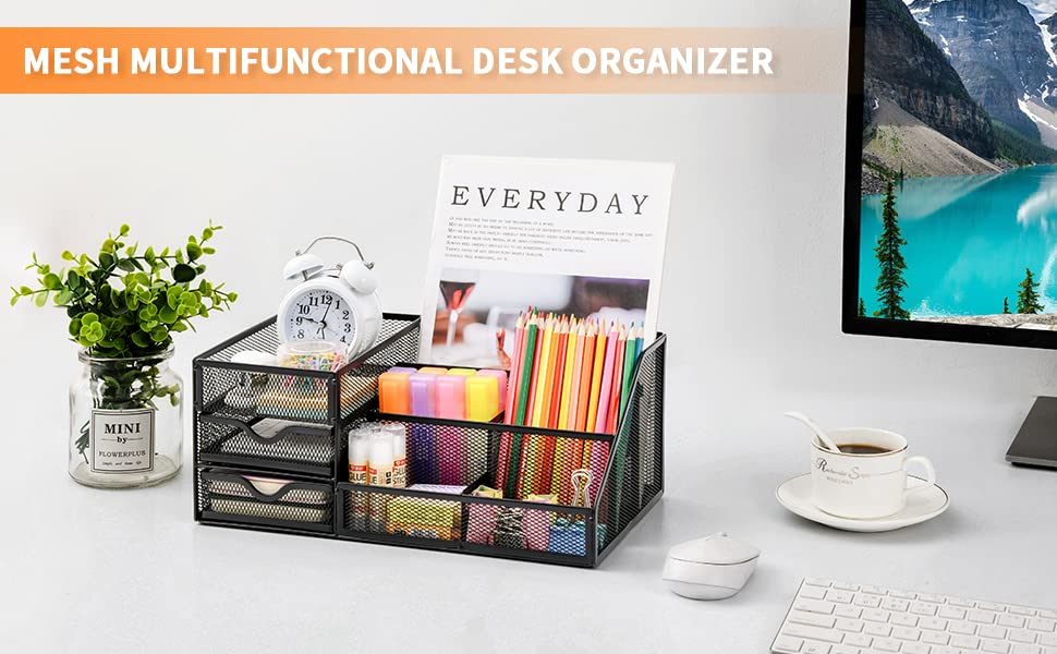 - Marbrasse Mesh Desk Organizer with Drawers | Multifunctional Desk Organizers and Accessories with 6 compartments -