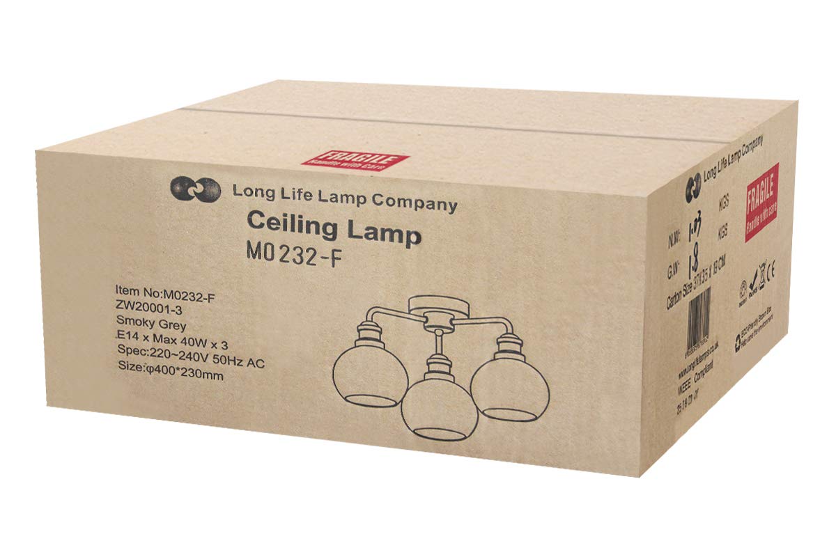 - Modern Grey Glass Ceiling Light | 3 Globe Shades | Round Chandelier -