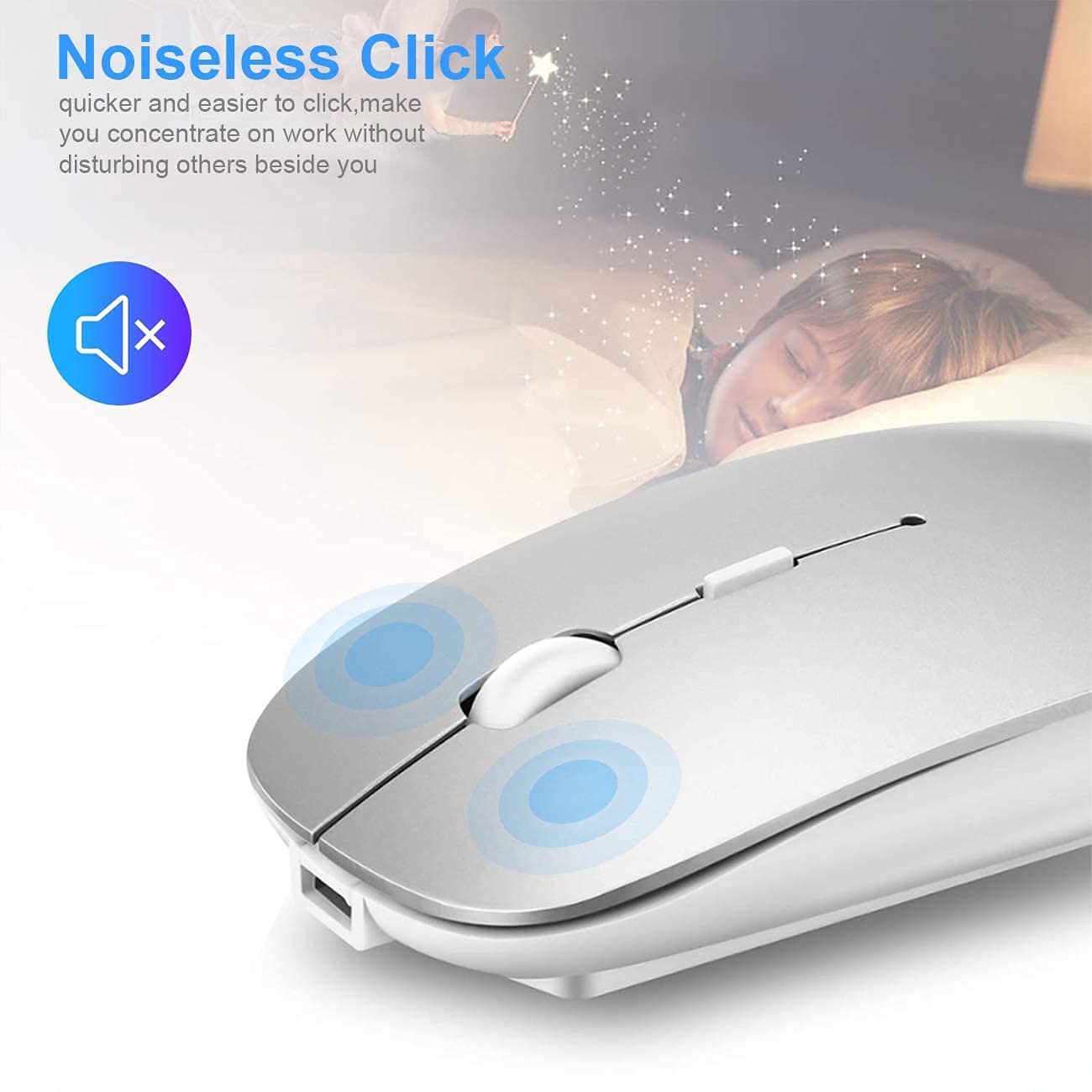 ANEWISH Bluetooth Mouse for Laptop/iPad/iPhone/Mac(iOS13.1.2 and Later)/PC, Rechargeable Noiseless Mini Wireless Mouse Compatible with Android/Windows/Linux, Silver
