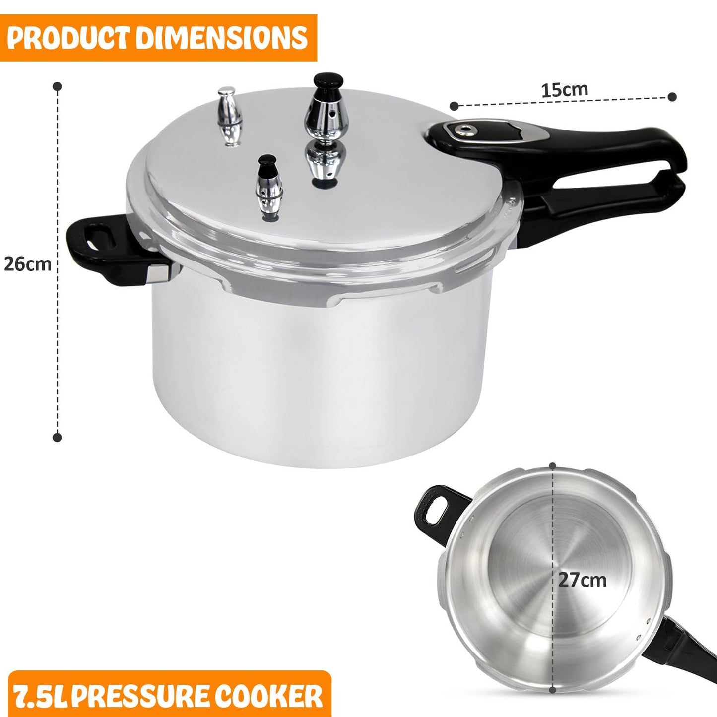 7.5 Litre Dual Handle Pressure Cooker for Kitchen & Catering, Aluminium + Stainless Steel, Suitable for all Hob Types Including Induction Hob - Silver