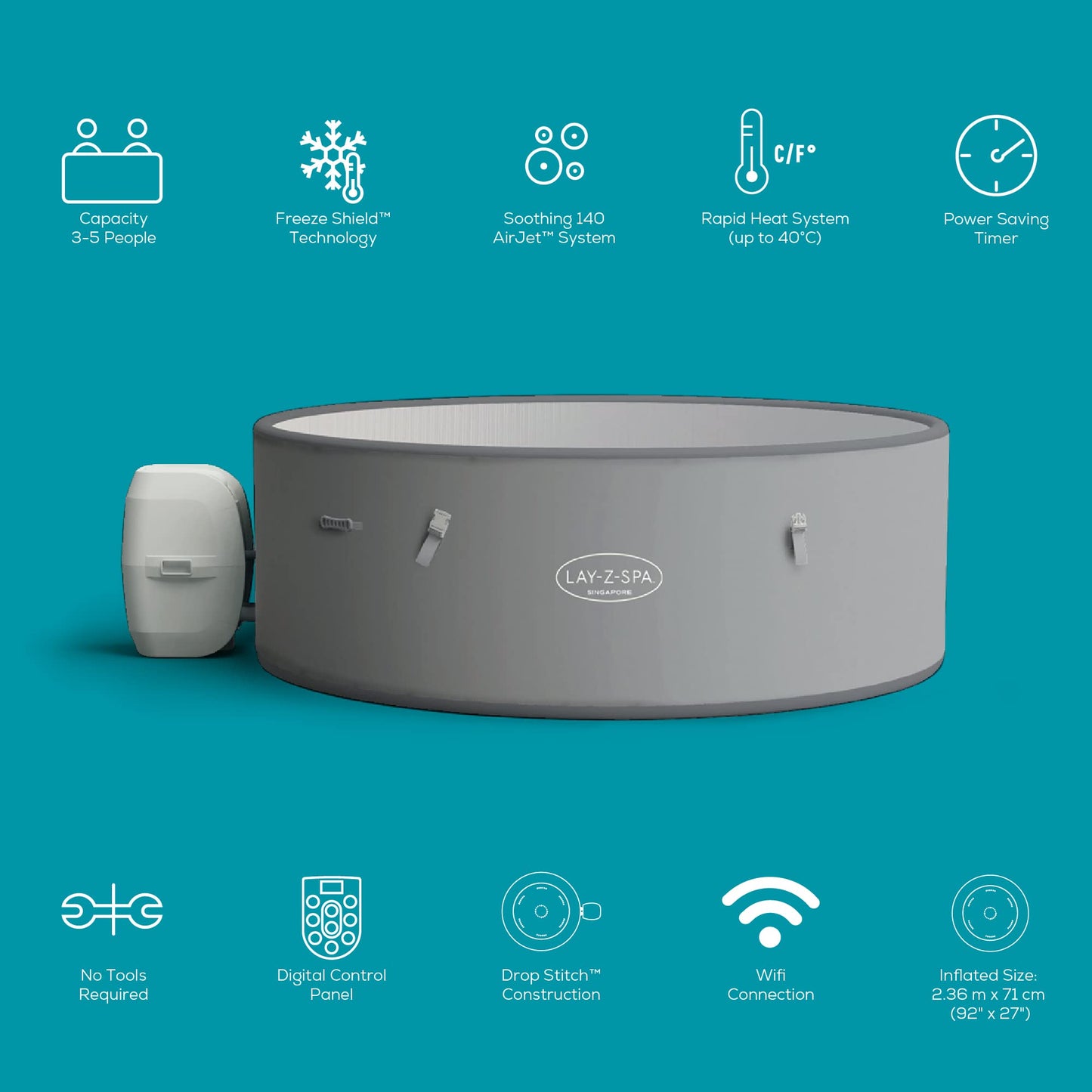 - Lay-Z-Spa Singapore AirJet Plus | AirJet Massage System | Drop Stich Inflatable Spa | FreezeShield | 3-5 Person -