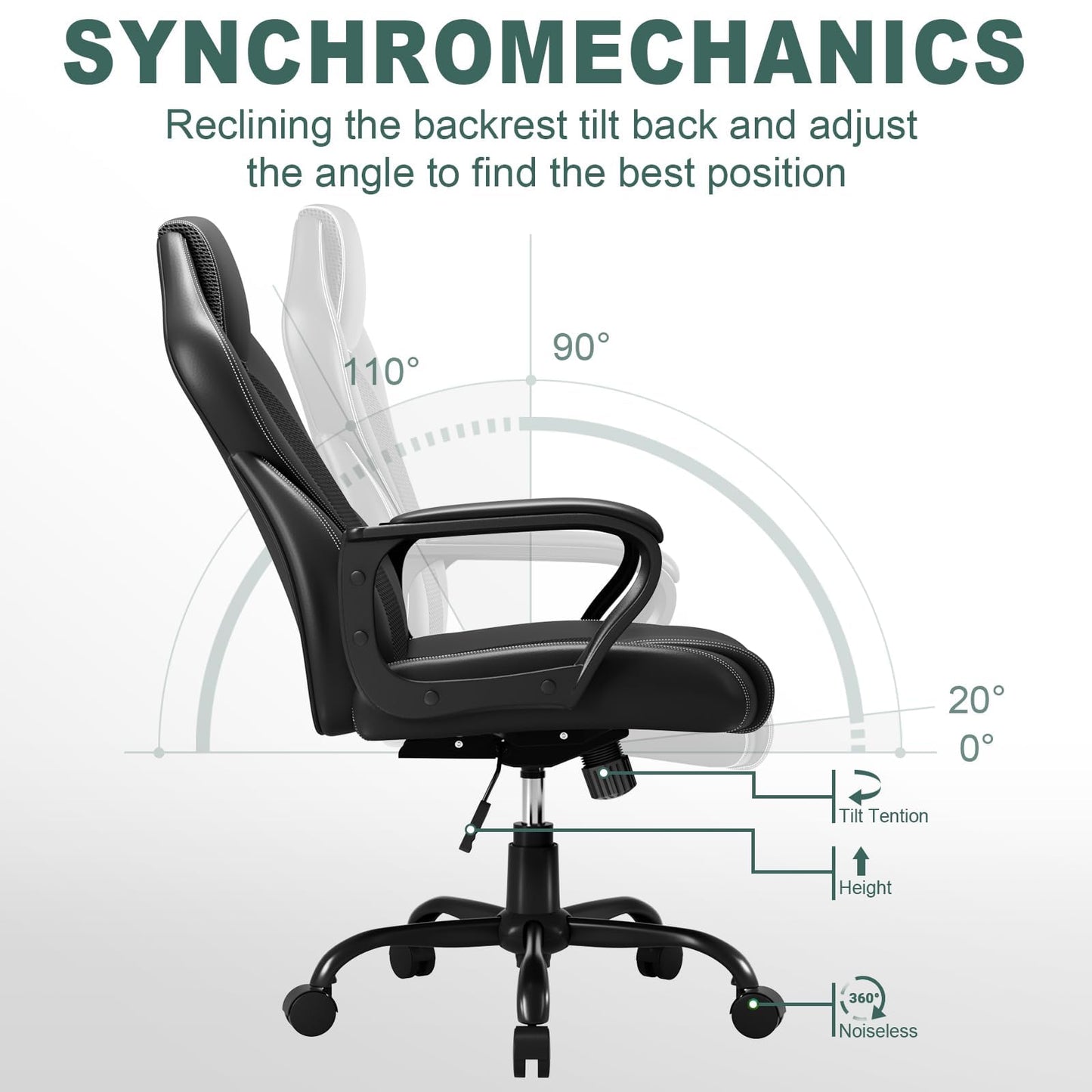 BASETBL Office Chair Executive Chair, High Back Racing Style Ergonomic Swivel Chair for Home Gaming Business, Lumbar Support PU Leather Adjustable Height Durable Comfy Chair Easy to Assemble (Black)