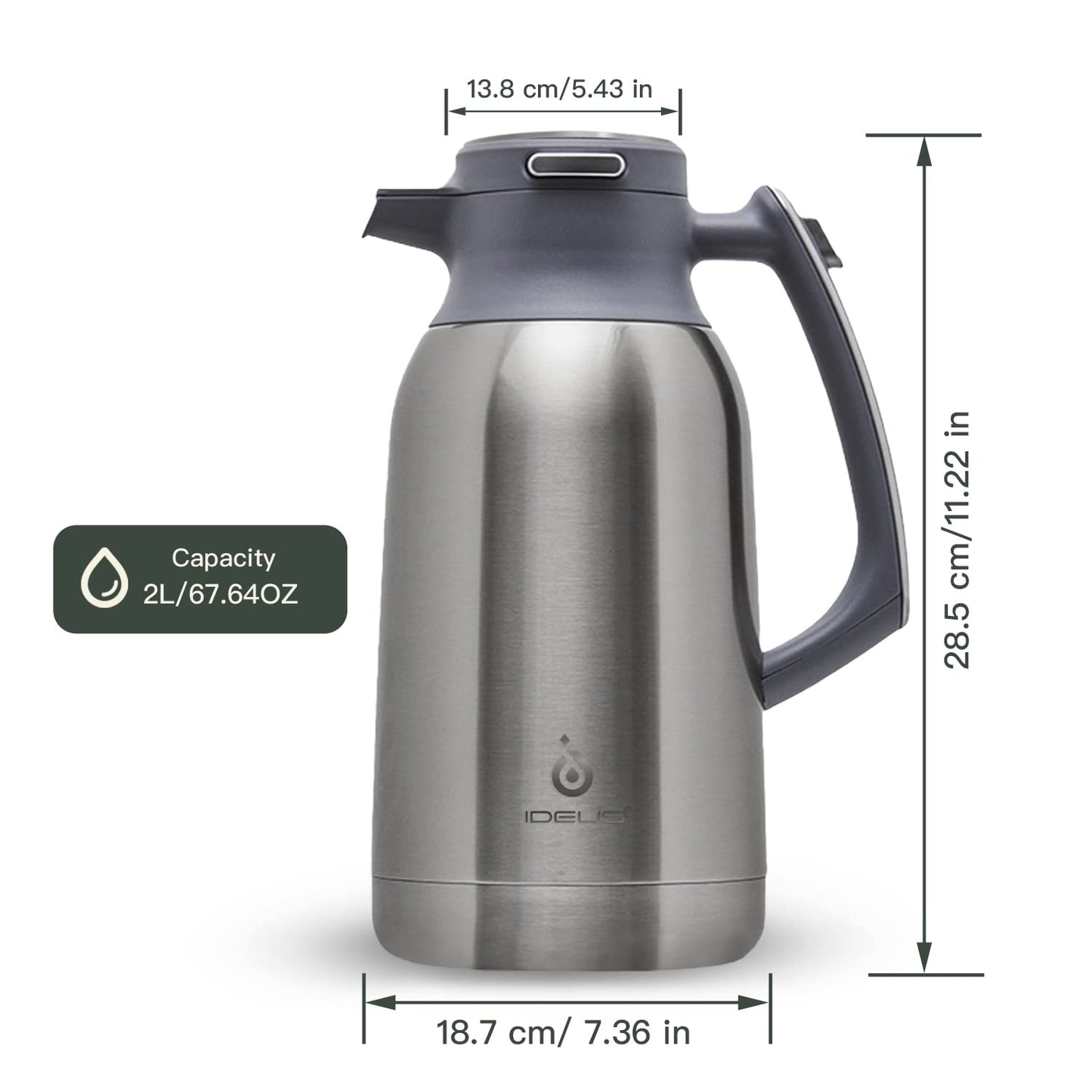 - IDEUS Vacuum Insulated Coffee Carafe | 68 oz (2 Liters) | Stainless Steel Milk Jug | Thermal Tea Pot Hot & Cold -
