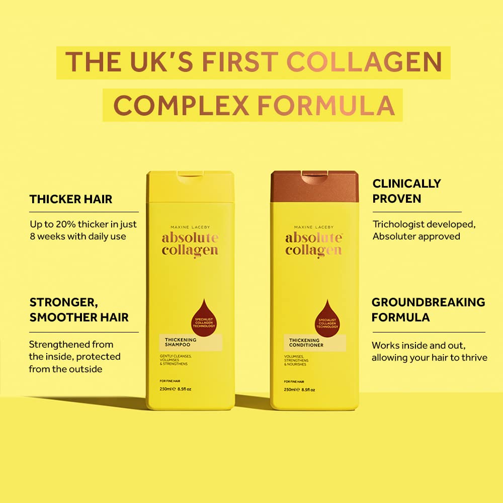 Absolute Collagen - Thickening Collagen Complex Shampoo and Conditioner Set 500ml - For Thin & Fine Hair - Strengthen, Nourish and Volumise - Boost Shine - Fight Signs of Hair Ageing - Paraben Free