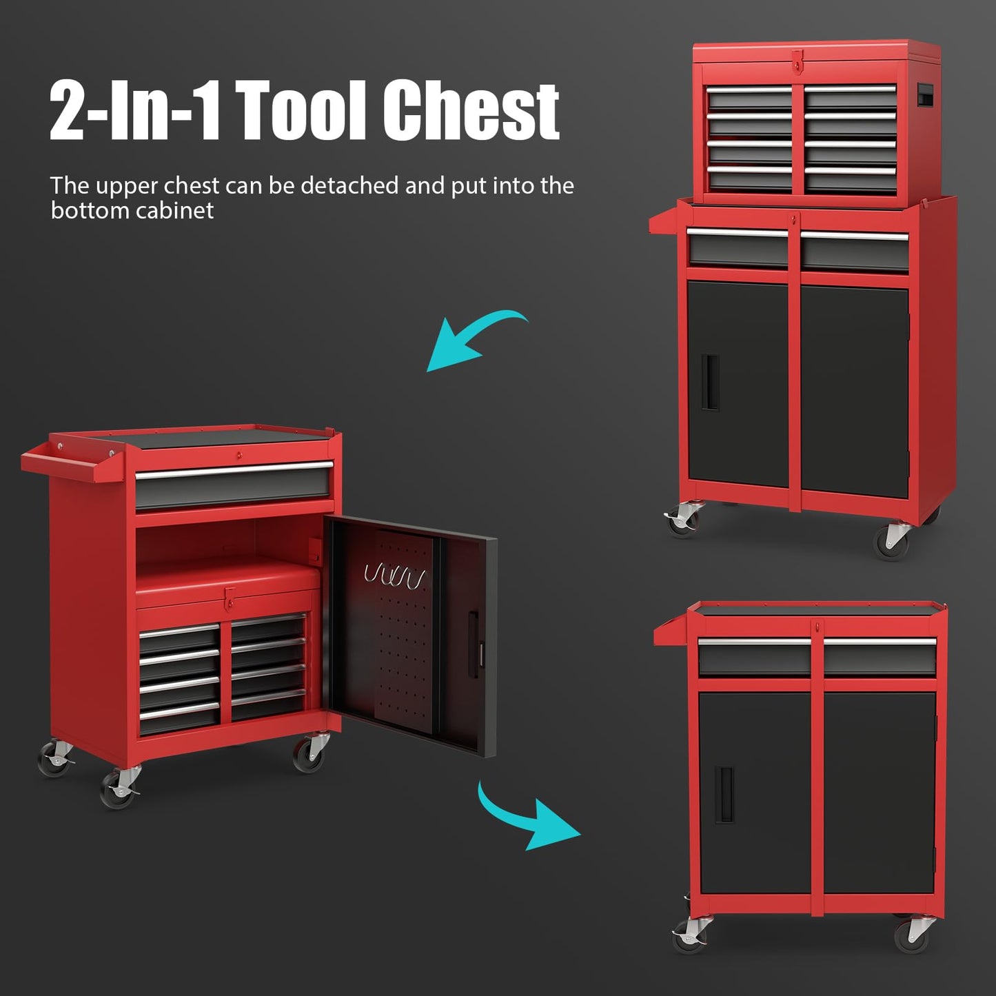 COSTWAY Large Rolling Tool Cabinet, 2-in-1 Detachable Metal Tool Chest with Drawers, Wheel, Handle, Hooks & Pegboard, Lockable Tool Box Trolley for Garage Workshop (with Adjustable Shelf, Red+Black)