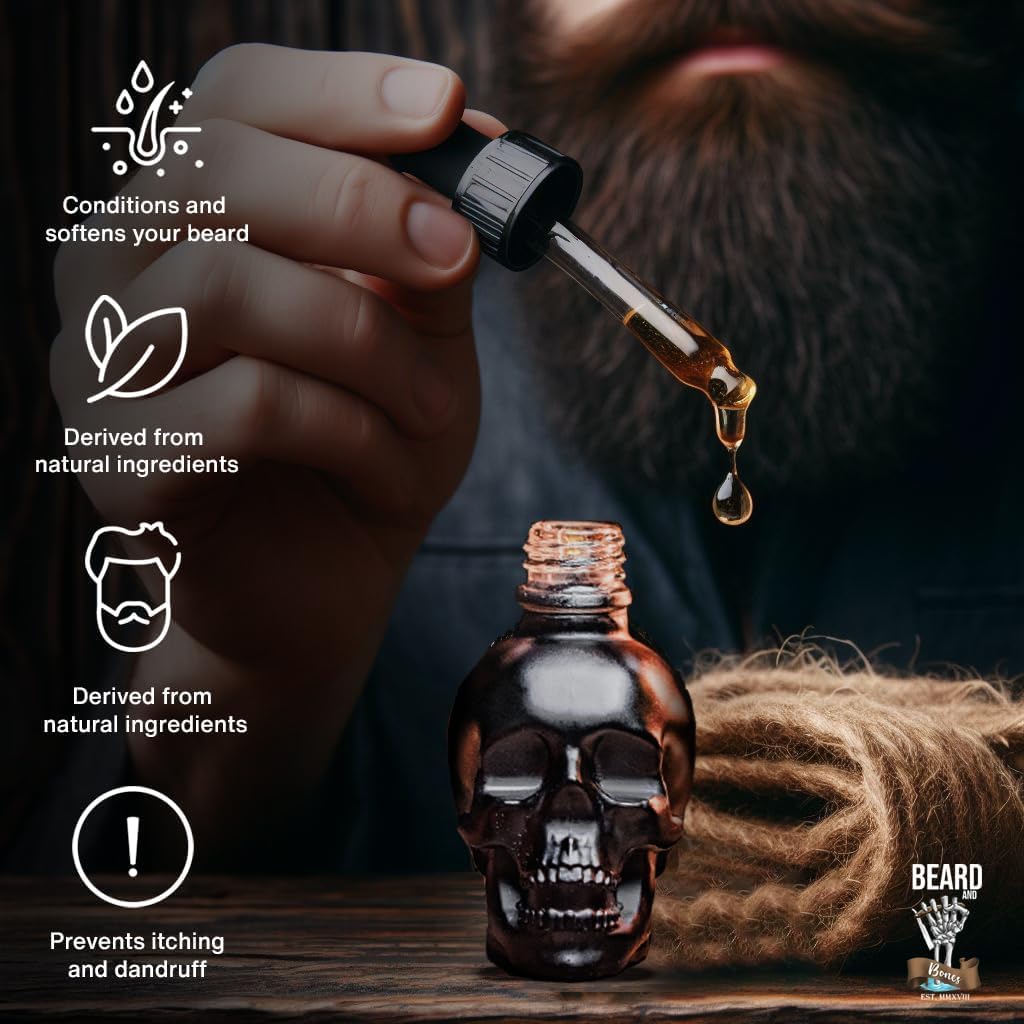 30ml Beard Oil for Men - Beard and Bones Unique Glass Skull Bottle| Choice of 6 Scents | Vegan, Cruelty Free (Kreed)