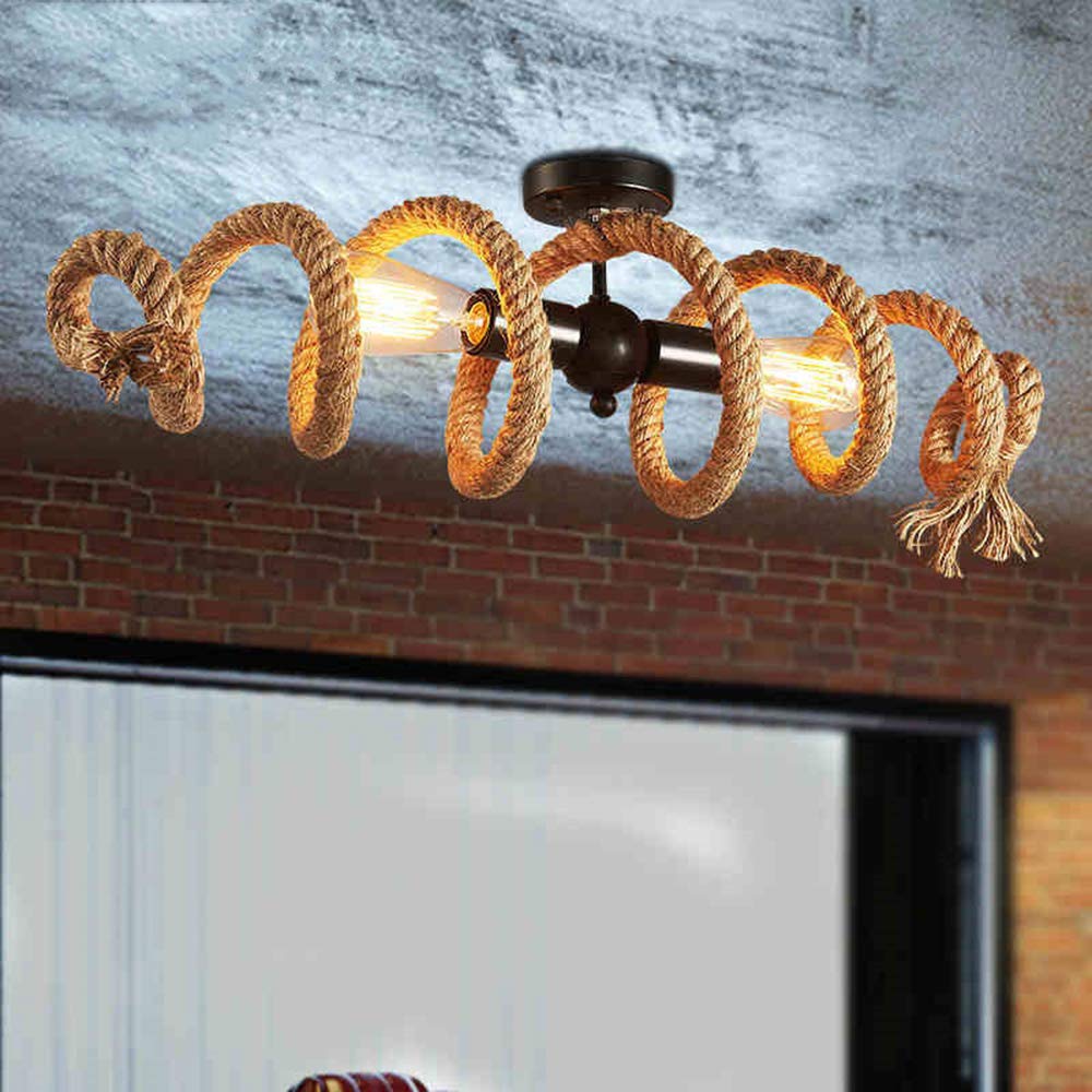 - Vintage Ceiling Light Hemp Rope Light Retro Bedroom Rope Lamp Spiral Design -