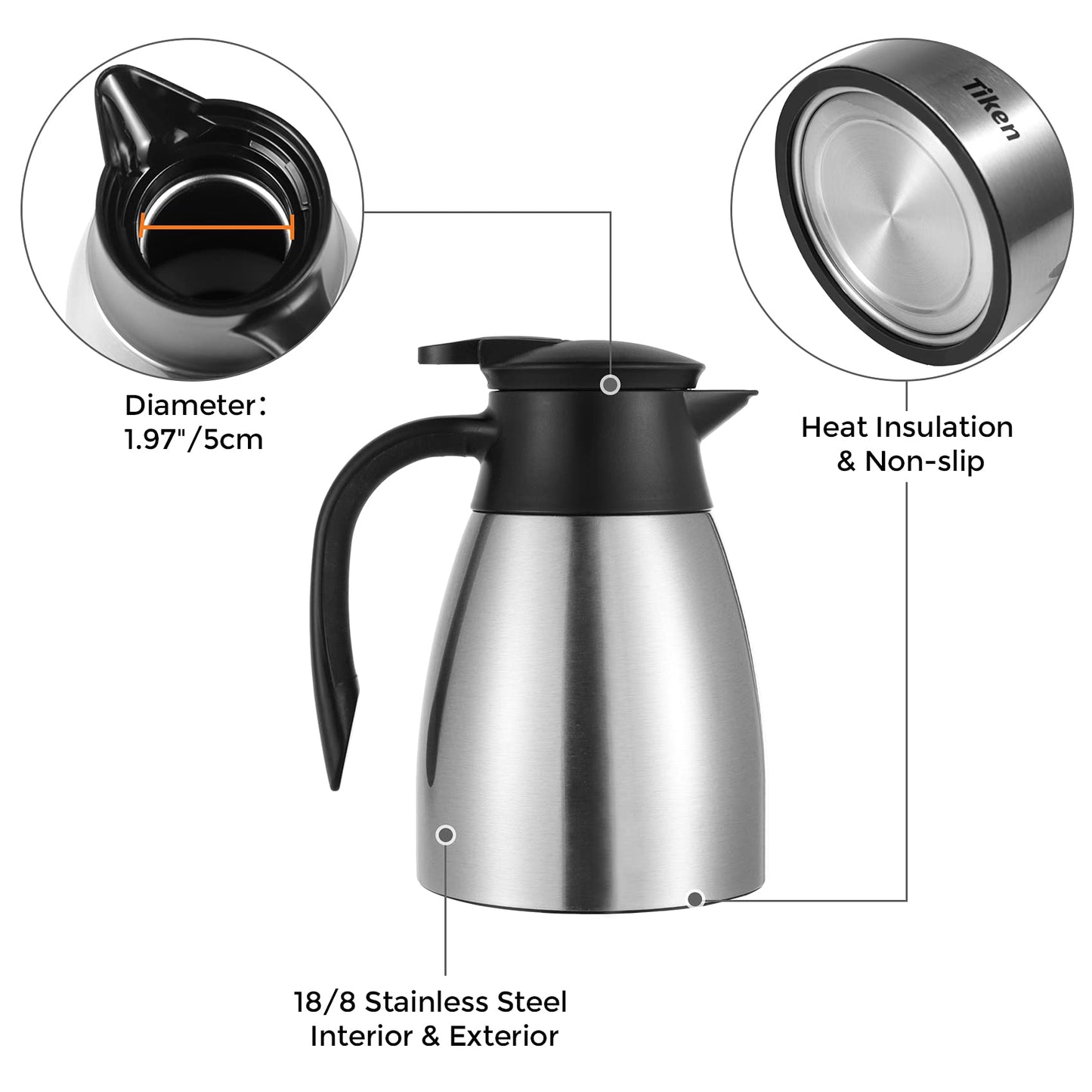 - Tiken 1L Thermal Coffee Carafe Jug | Stainless Steel | Insulated Vacuum Coffee Pot -