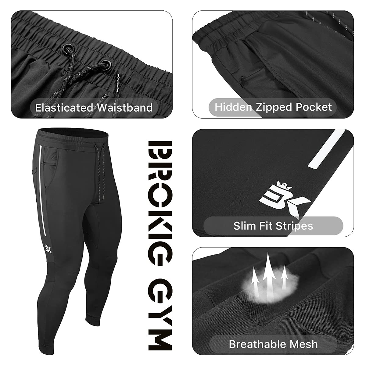 BROKIG Mens Lightweight Gym Jogger Tracksuit Bottoms, Athletic Fit Workout Pants with Zip Pocket Stretch Running Trousers for Men (Black,S)