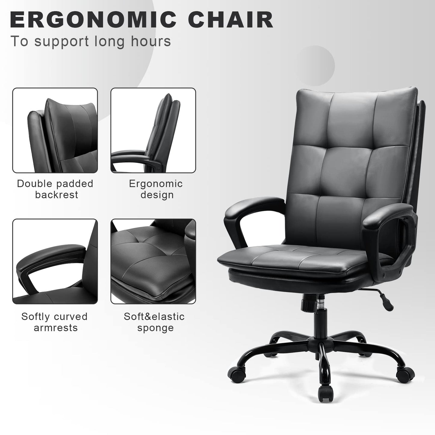 BASETBL Office Chair for Home, Recline Extra Padded Comfy Desk Chair, Ergonomic Executive Computer Chair, Skin-friendly PU Leather Waterproof and Stain-Resistant Work Chair Widen and Enlarge (Black)