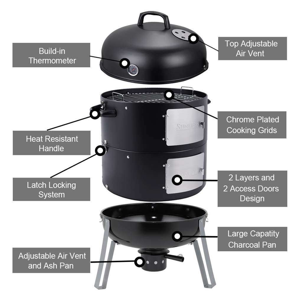 - SUNLIFER | BBQ Charcoal Smoker Grill | 3-in-1 Heavy Duty Barbecue Grill -