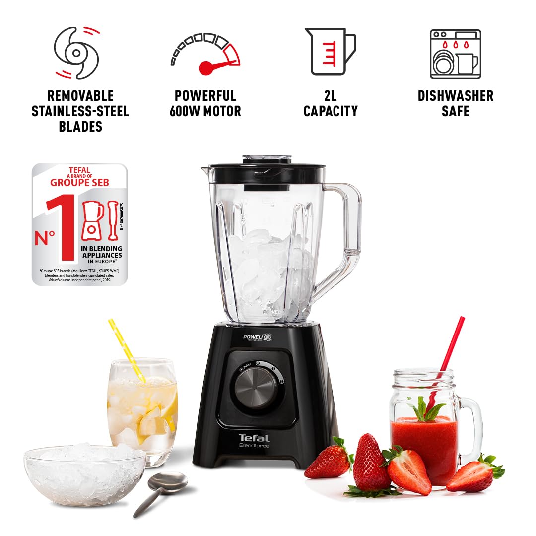 - Tefal Blendforce II Blender | 2L Plastic Jug, | 1.25L Effective Capacity | 600W |  Smoothie Blender | Ice Crush | 2 Speeds | Black -
