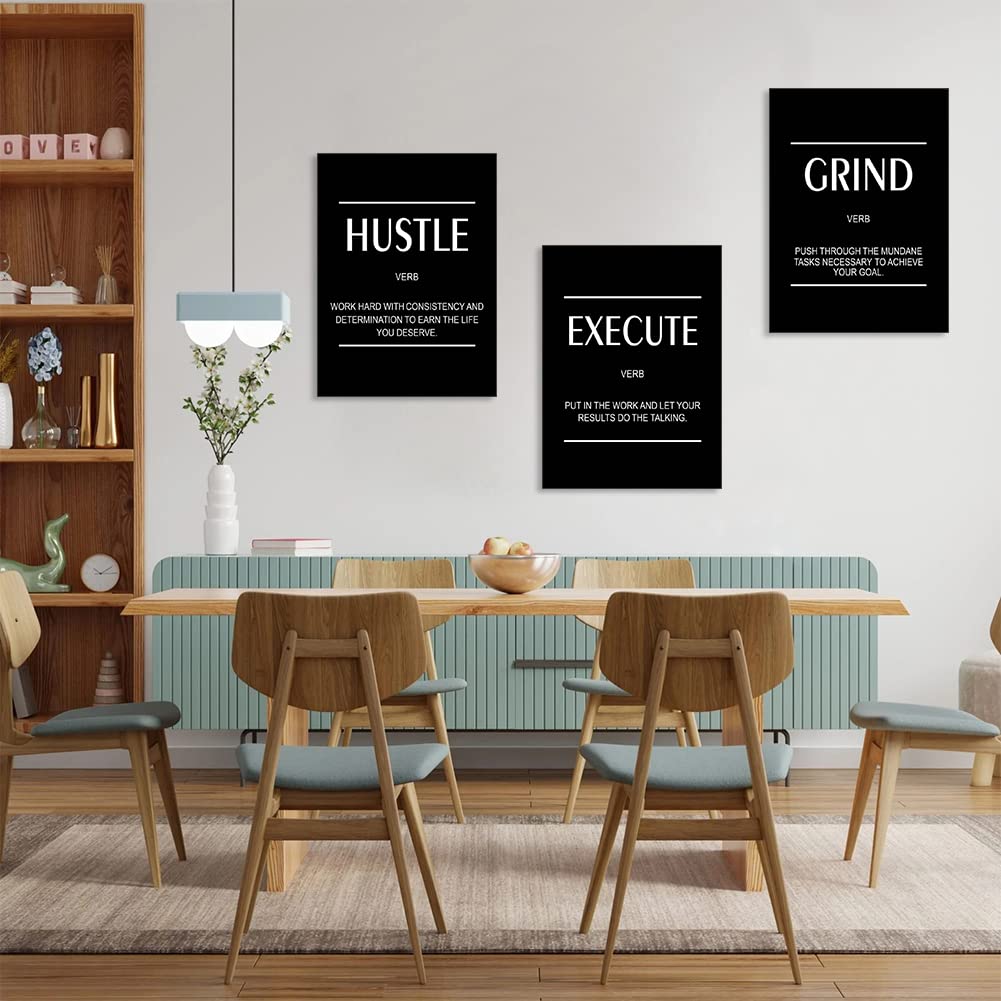 Artscope 3 Pieces Inspirational Motivational Words Wall Art Canvas Prints - Execute Hustle Grind Picture Painting - Modern Wall Artwork Framed for Gifts Bathroom Living Room Office Decor - 30 x 40 CM