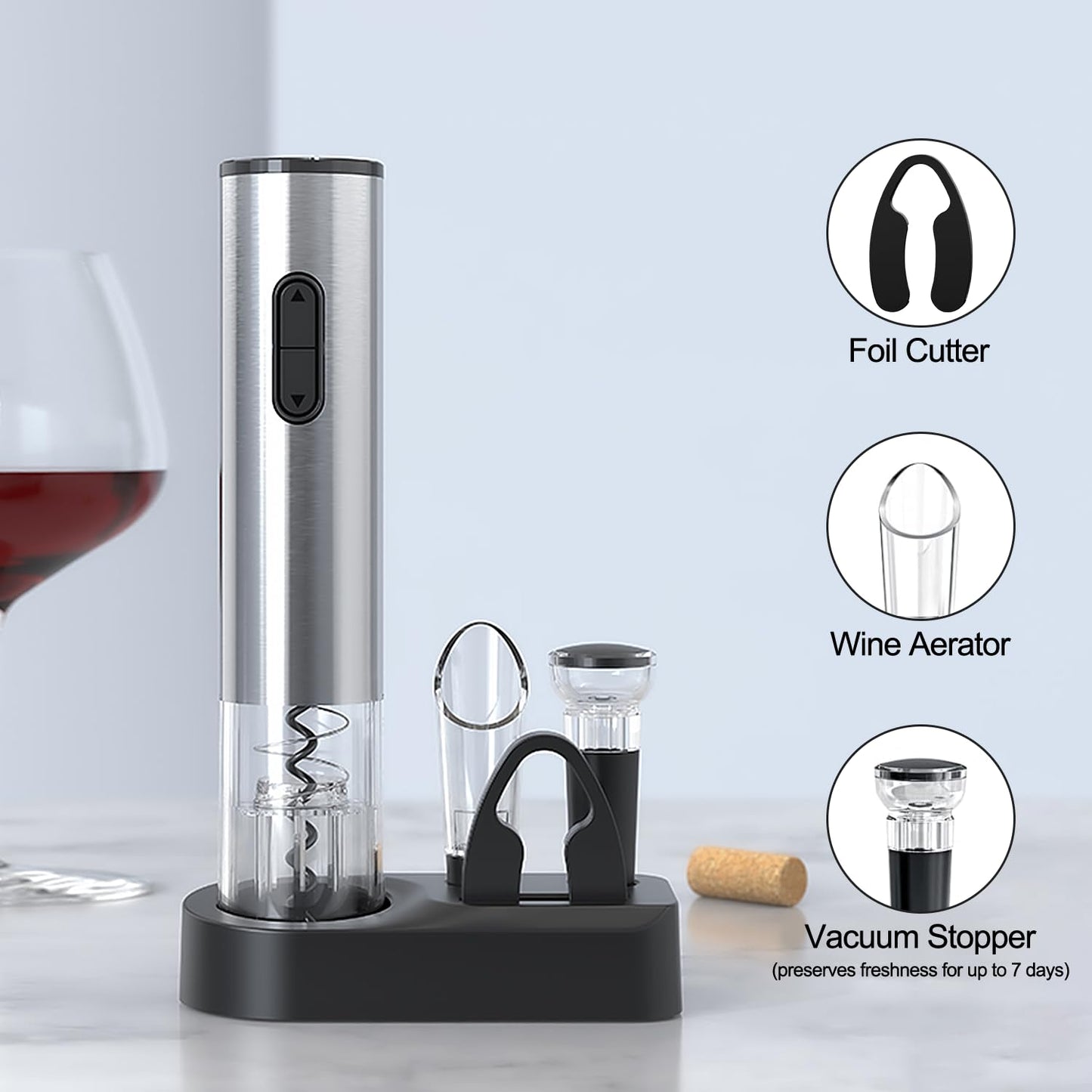 - ELMWAY Electric Wine Opener Set |Wine Bottle Corkscrew Opener with Foil Cutter -