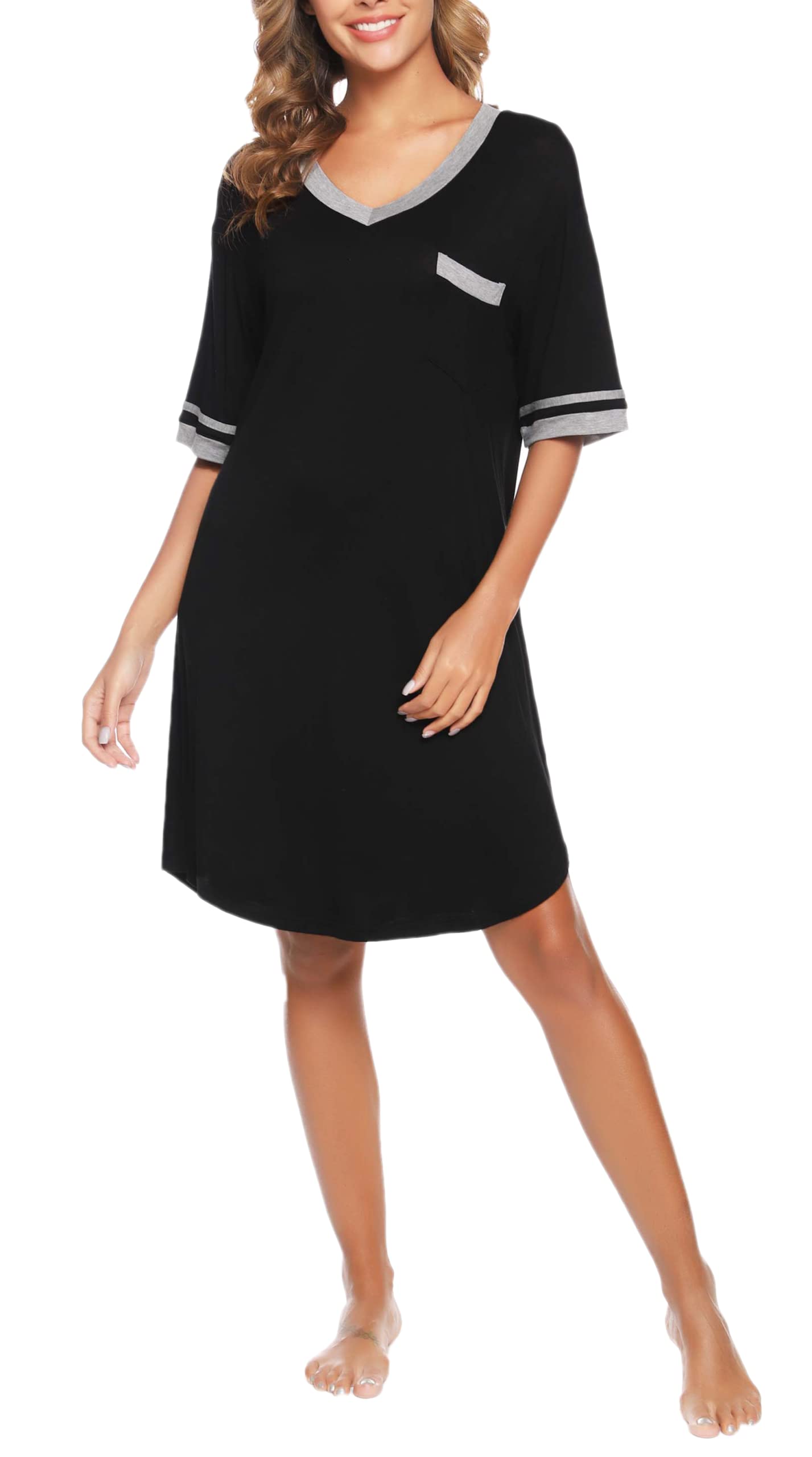 - Vlazom Women's Nightgown V Neck Sleep Shirt Oversized Nightdress Short Sleeve Casual Loungewear Sleepwear Black -