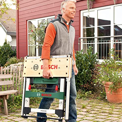 Bosch Home and Garden Work Bench PWB 600 (4 blade clamps, cardboard box, max. load capacity: 200 kg), Schwarz, Grün, Metallic