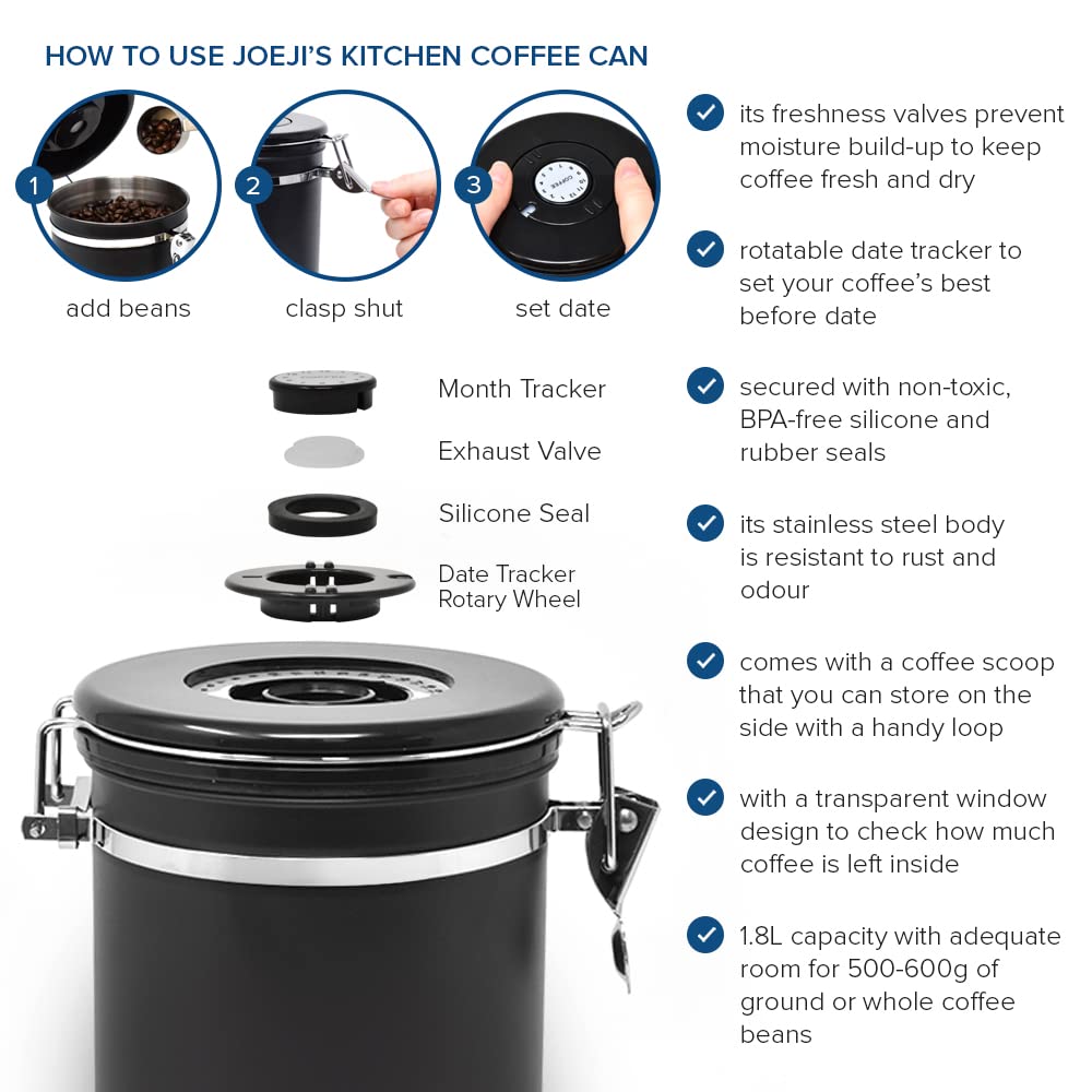- joeji's Kitchen Coffee Beans Storage Container | Coffee Jar | 1800ml Stainless Steel Coffee Canister -