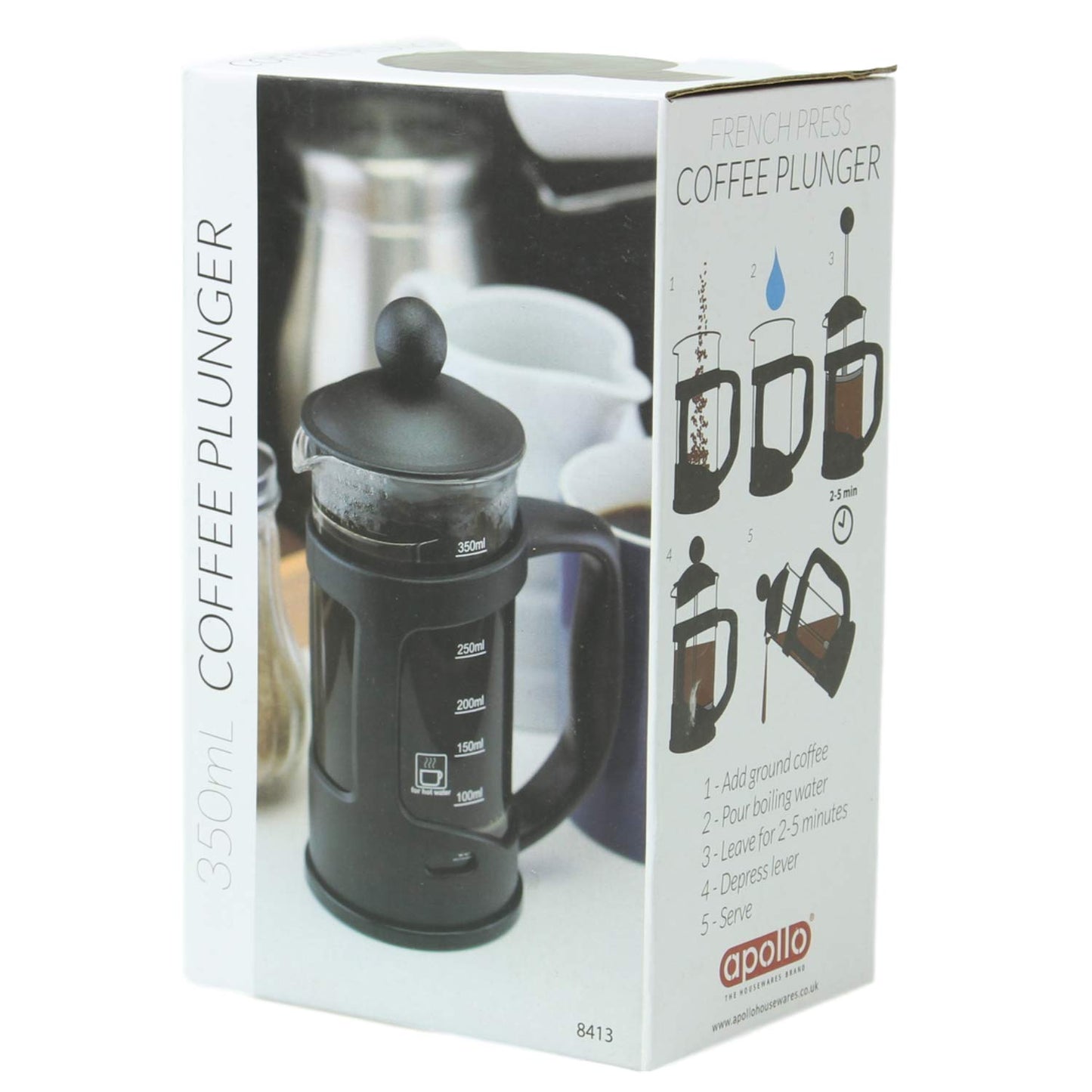 Apollo Black Coffee Plunger / 350ml Jug - 2 Cup/Caffettiera French Filter Press/Tempered Glass
