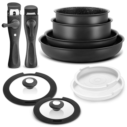 BEZIA Induction Hob Pans Set, Nonstick Pots and Pans Set 10 Pieces, Saucepan Sets with Detachable Handles, Stackable Cookware Set for All Hobs