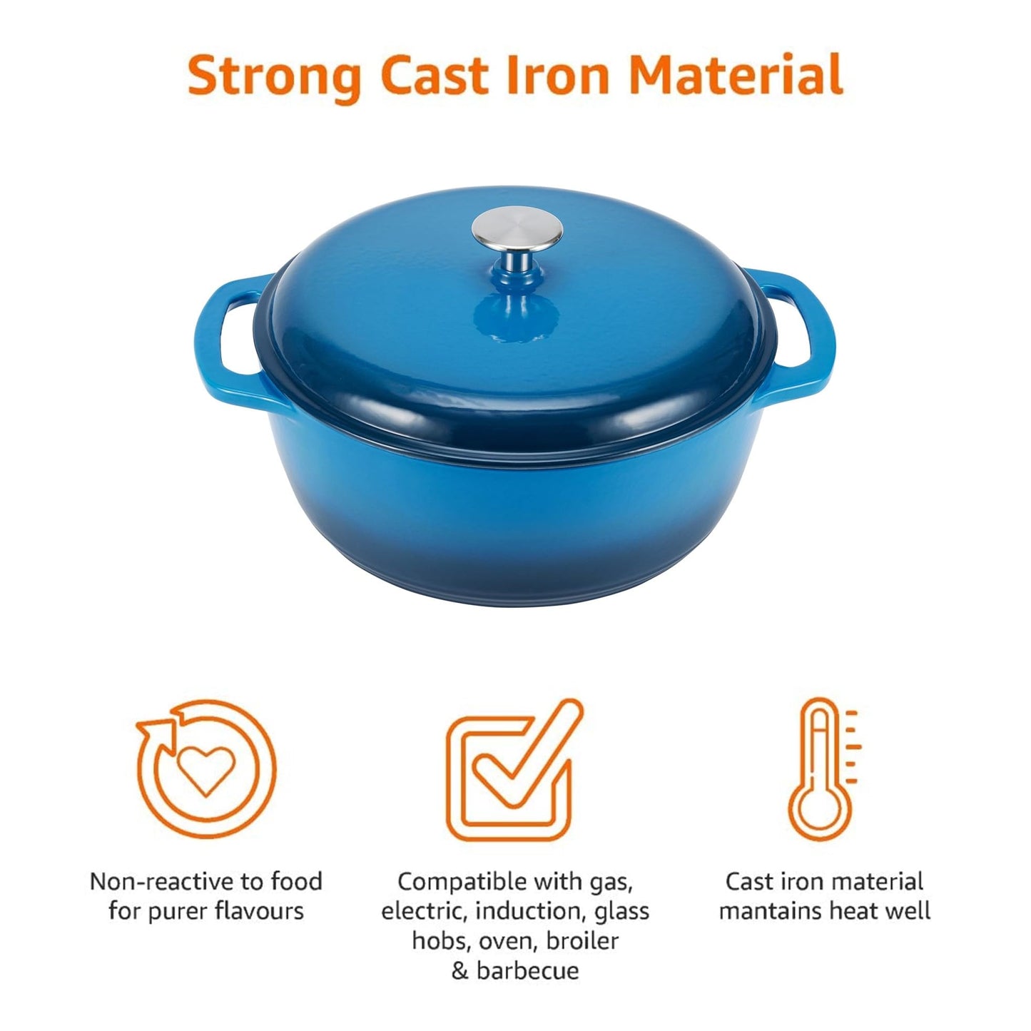 Amazon Basics Enameled Cast Iron Round Dutch Oven with Lid and Dual Handles, Heavy-Duty, 5.6 L, Blue