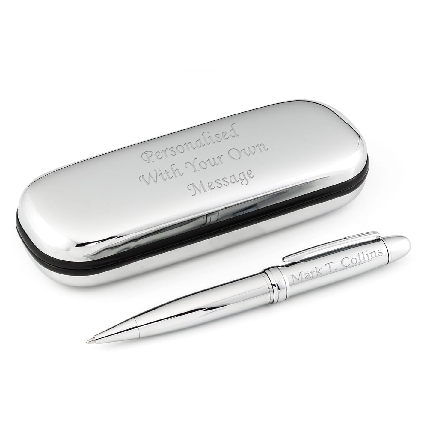 - EIO Gifts Personalised Pen | BallPoint Silver Pen in Chrome Case | Engraved -