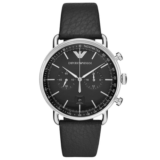 - Emporio Armani Watch for Men | Chronograph Movement | 43 mm Silver Stainless Steel Case with a Leather Strap | AR11143 -
