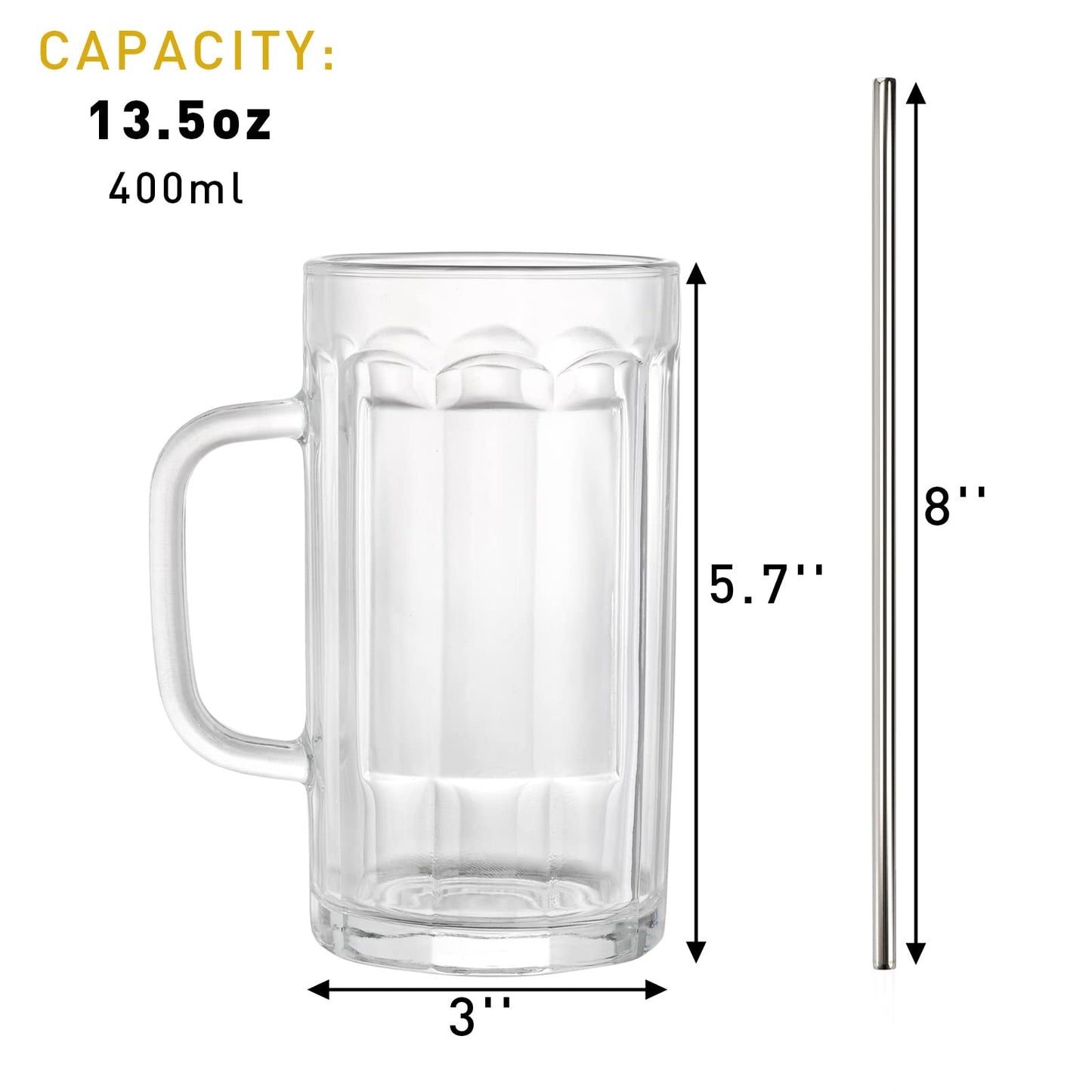 - ZENFUN 8 Pack Heavy Large Beer Glasses, 400ML Glass Beer Mugs with Handle & Stainless Steel Straws, Beer Glass Steins Heavy Base Pub Drinking Mugs