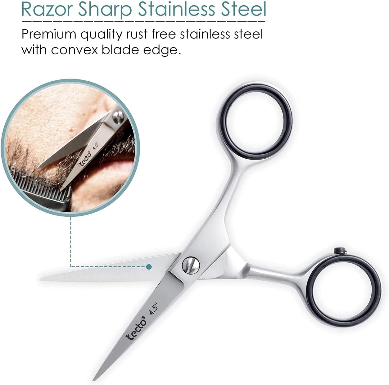 - Tecto 4.5" | Beard Moustache Scissors | Comb & Pouch | Stainless Steel Eyebrow Scissors -