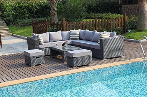 - YAKOE 50020 Papaver Conservatory Modular 9 Seater Rattan Corner Garden Sofa Furniture Set - Grey