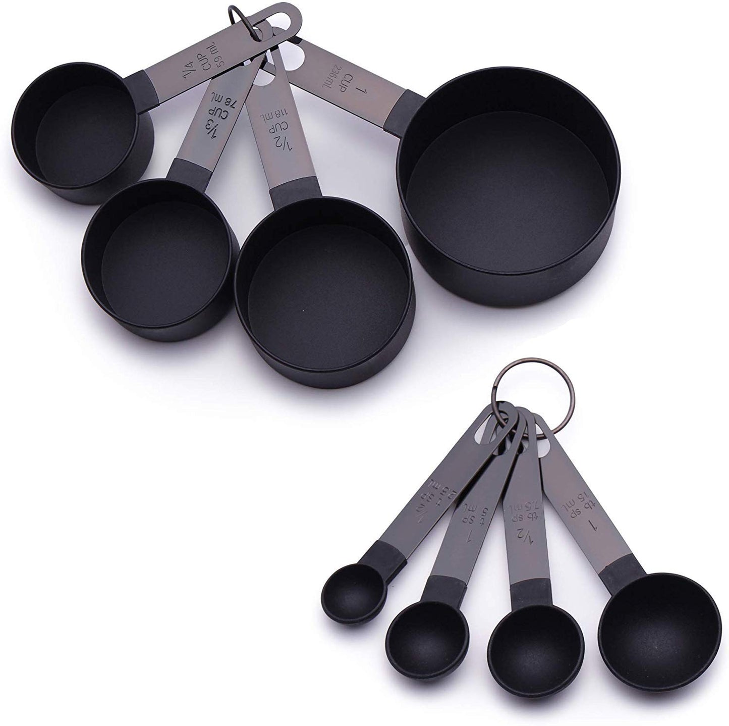 - FONYA 8-Piece Black Measuring Tools | 4 Measuring Cups / 4 Measuring Spoons with Metal Handles -