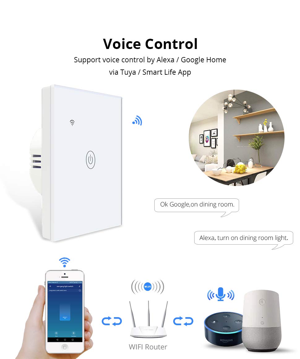 - Yagusmart Smart Wall Light Switch,Compatible with Alexa and Google Home,APP Remote Control,Timing Function,Voice Control (1 Gang)