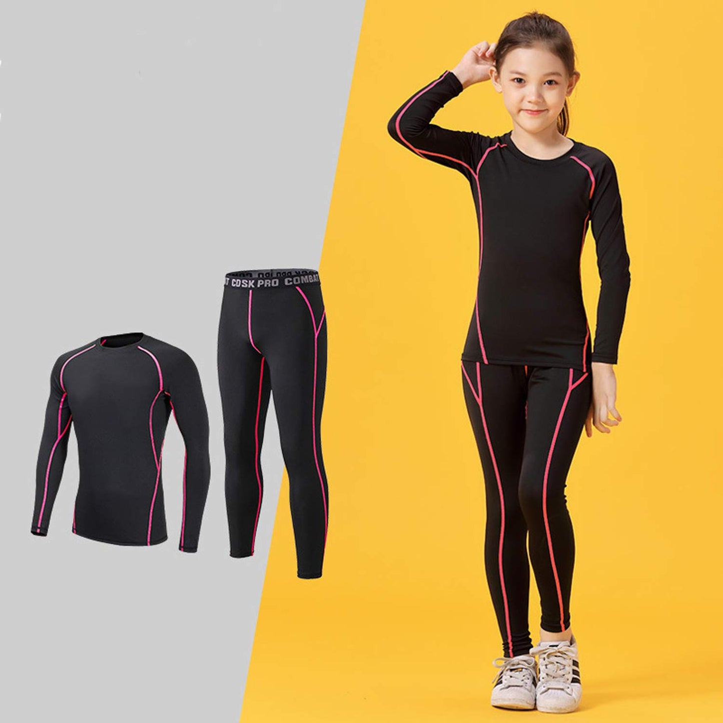Coralup Compression Sets Sport Base Layer Kids Thermal Underwear Suits Fitness Clothing 2PCS Pink 6-7Years