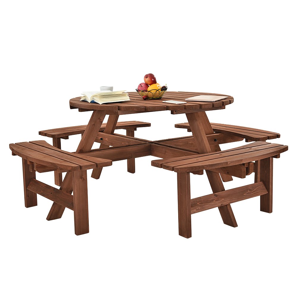 Britoniture 8 Seater Wooden Round Picnic Table and Bench for Garden Pub Patio
