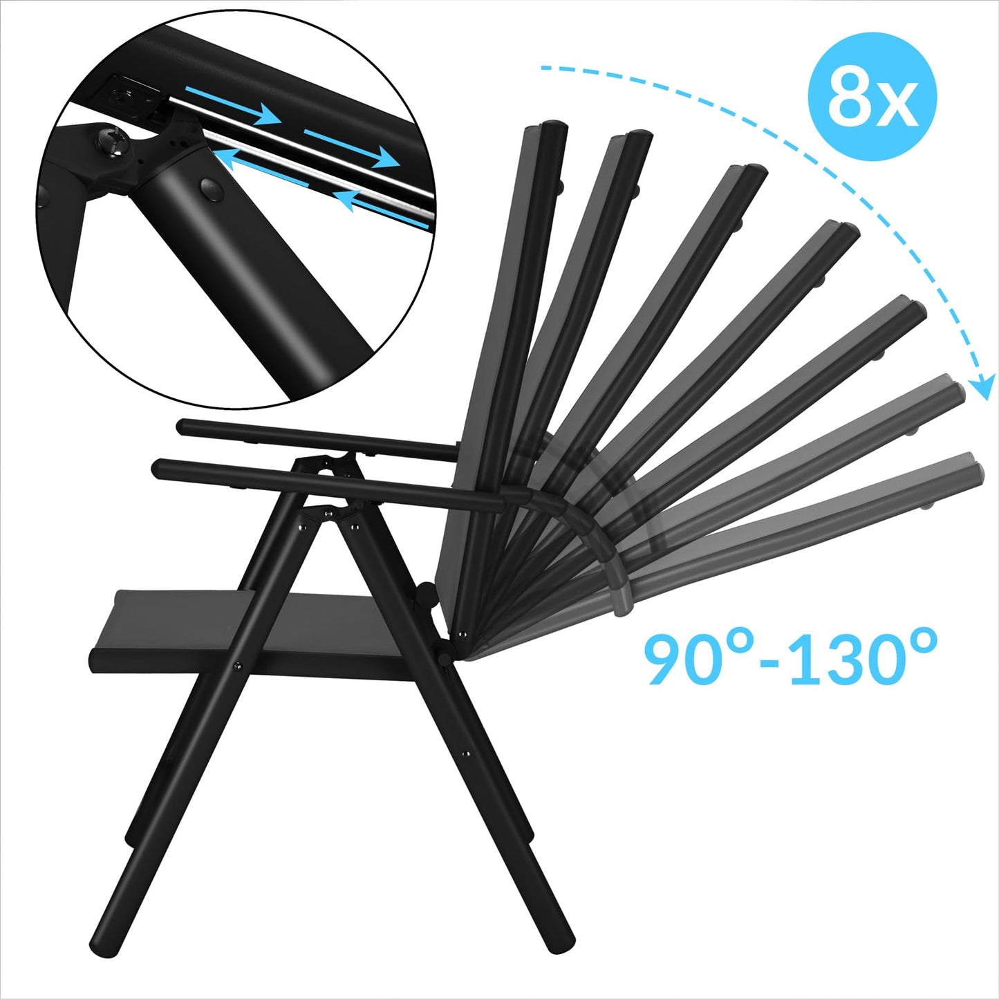 CASARIA® 4x Bern High Backed Folding Aluminium Garden Chairs | Weatherproof | 8-way Adjustable Reclining Backrest with Armrests | Lightweight 120 kg Load Capacity | Patio | Anthracite