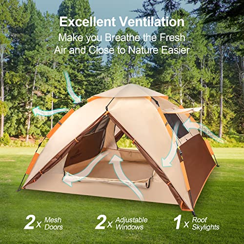 BETENST Camping Tent, Pop up Tent 3 Person Family Dome Tent Waterproof Windproof with 2 Mesh Doors, 2 Mesh Windows, Roof Skylights, 2 in 1 Double Layers, Storage Bag for Camping Hiking Backpacking