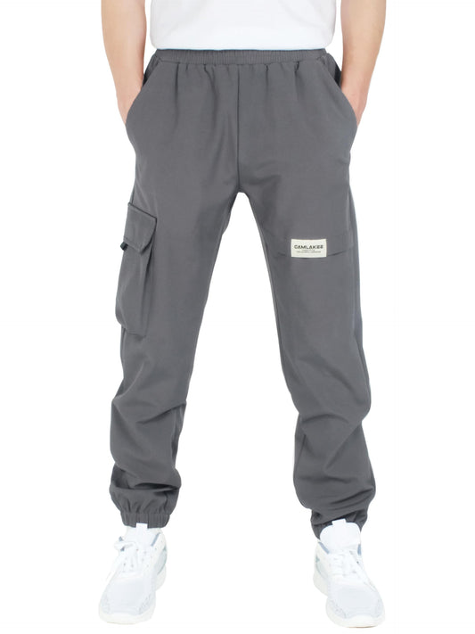 CAMLAKEE Kids Softhell Hiking Trousers Boys Waterproof Outdoor Cargo Pants Walking Jogging Bottoms with Elastic Waist Grey UK:6-7 Years (manufacturers's size: 130)