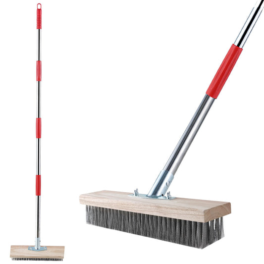 - Mitclear Heavy Duty Wire Broom with Telescopic Handle| (57IN) | Stiff Metal Bristle Brush for Removing Weed Moss Algae -