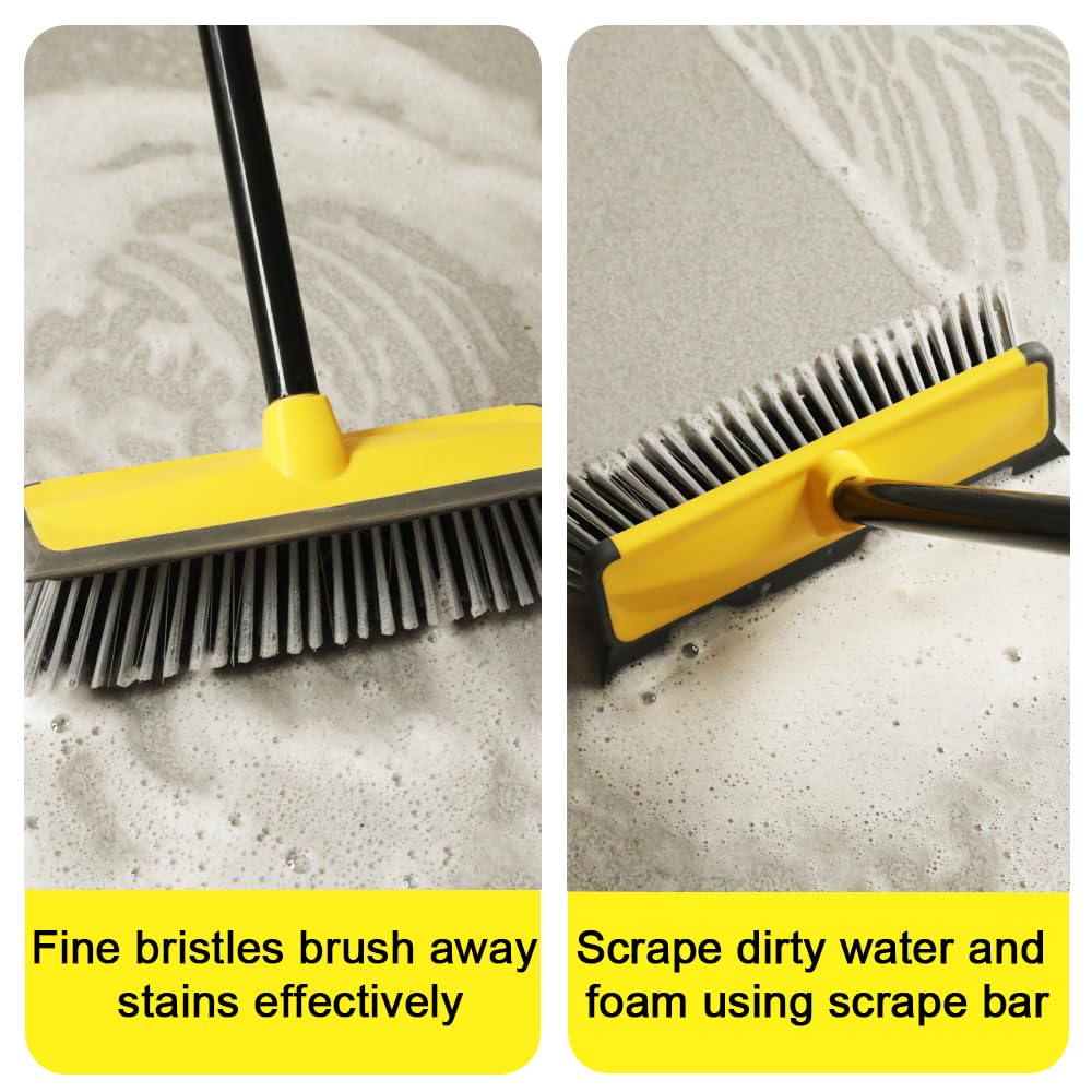 - Floor Cleaning Brush with squeegee | 60” Long Handle Push Broom | Stiff Bristles Deck Broom -
