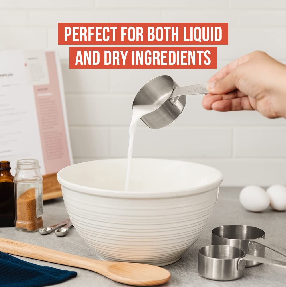 Chef Pomodoro Stainless Steel Measuring Cups, 7-Piece Set, Sturdy Long Handles, Nesting and Stackable, Metal Kitchen Spoons for Wet and Dry Ingredients