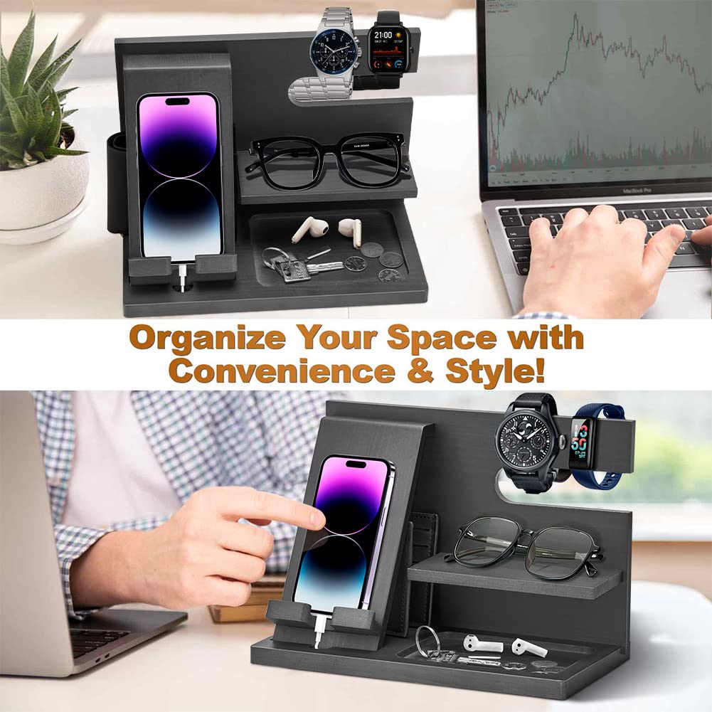 Birthday Gifts for Men who have everything Dad Gifts Wood Phone Docking Station for Men Bedside Table Organiser for Him Gifts for Dad Mens Gifts for Husband Presents for Men Bedside Gadget Organiser